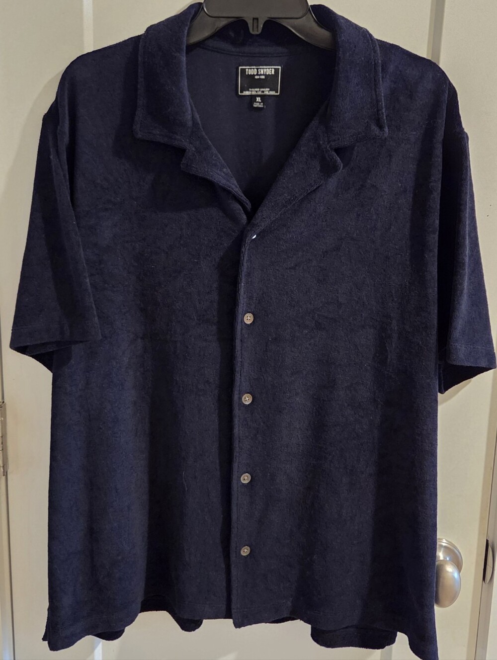 Todd Snyder Terry Cloth Button-Up Short-Sleeve Camp Shirt - Navy Blue - Size XL